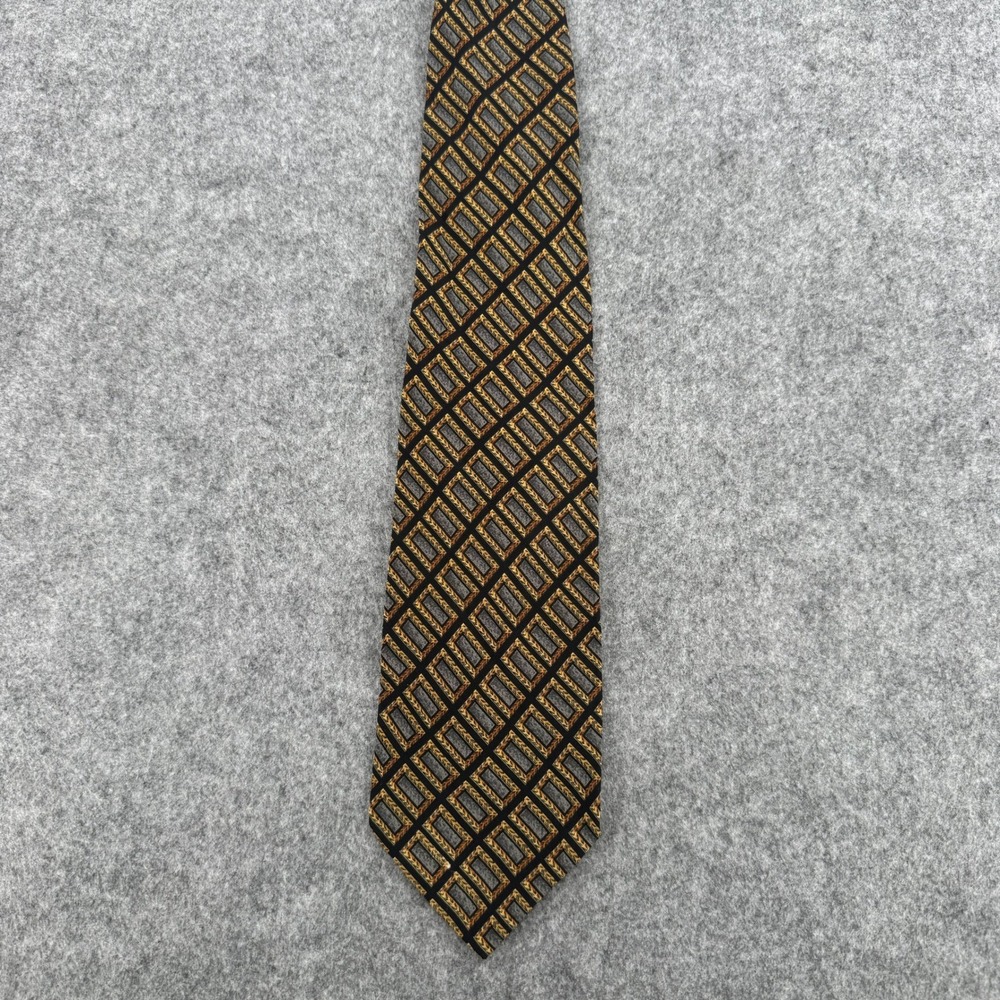 Valentino Tie Mens OS Geometric Lattice Gold‎ Black Grey Jacquard EUC